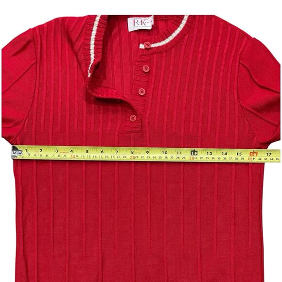 VINTAGE R&K Knits Sweater Womens M Red White 80s 90s Henley Ribbed *no size tag - Picture 7 of 7